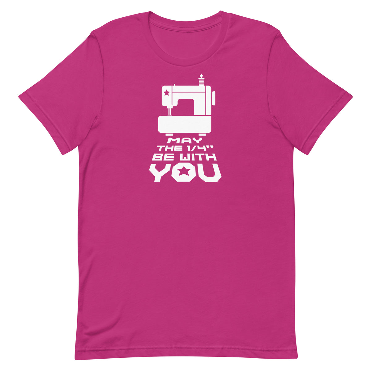 May the ¼" Be With You white sewing machine graphic on a staple t-shirt in berry, front view – Kate Spain design for Pat Sloan