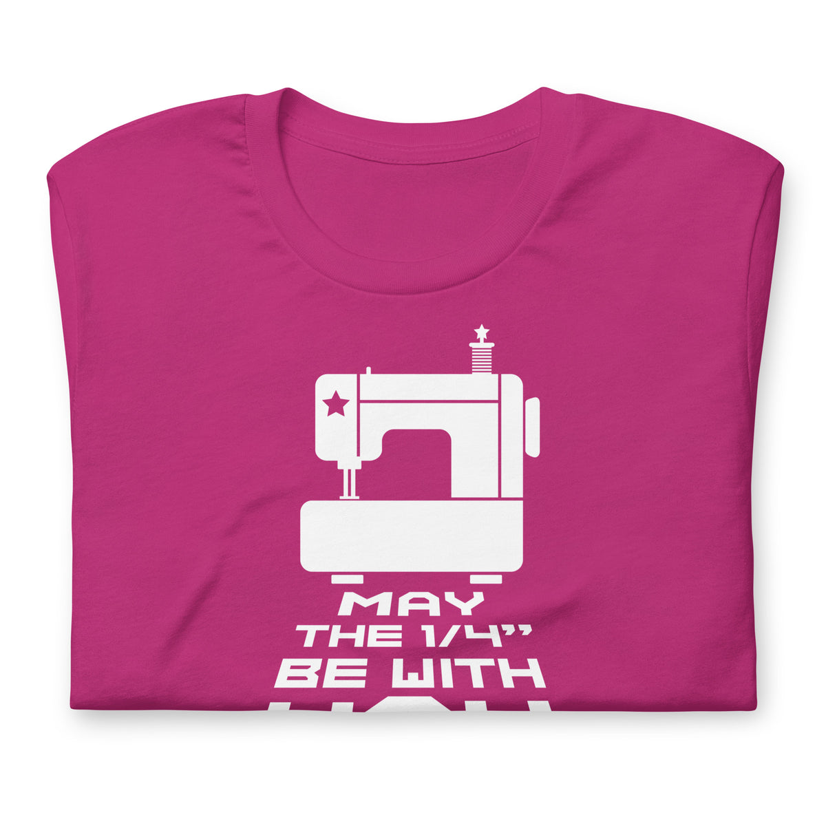 May the ¼" Be With You white sewing machine graphic on a staple t-shirt in berry, folded close-up of the design – Kate Spain design for Pat Sloan