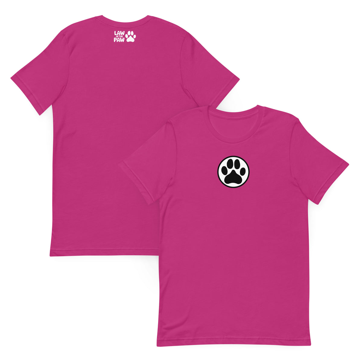 Law of the Paw® dog paw print on a t-shirt in berry, front and back view – Kate Spain design