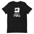 May the ¼" Be With You white sewing machine graphic on a staple t-shirt in black, front view – Kate Spain design for Pat Sloan