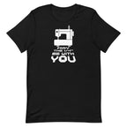 May the ¼" Be With You white sewing machine graphic on a staple t-shirt in black, front view – Kate Spain design for Pat Sloan