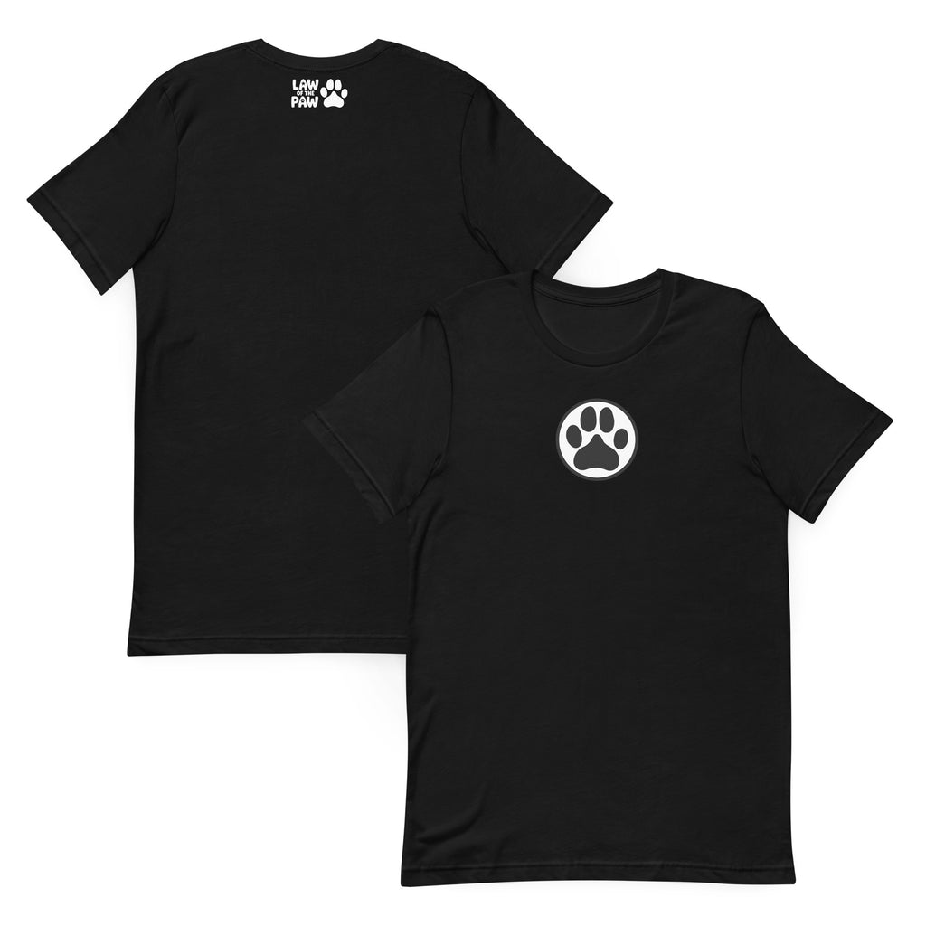 Law of the Paw® dog paw print on a t-shirt in black, front and back view – Kate Spain design
