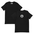 Law of the Paw® dog paw print on a t-shirt in black, front and back view – Kate Spain design