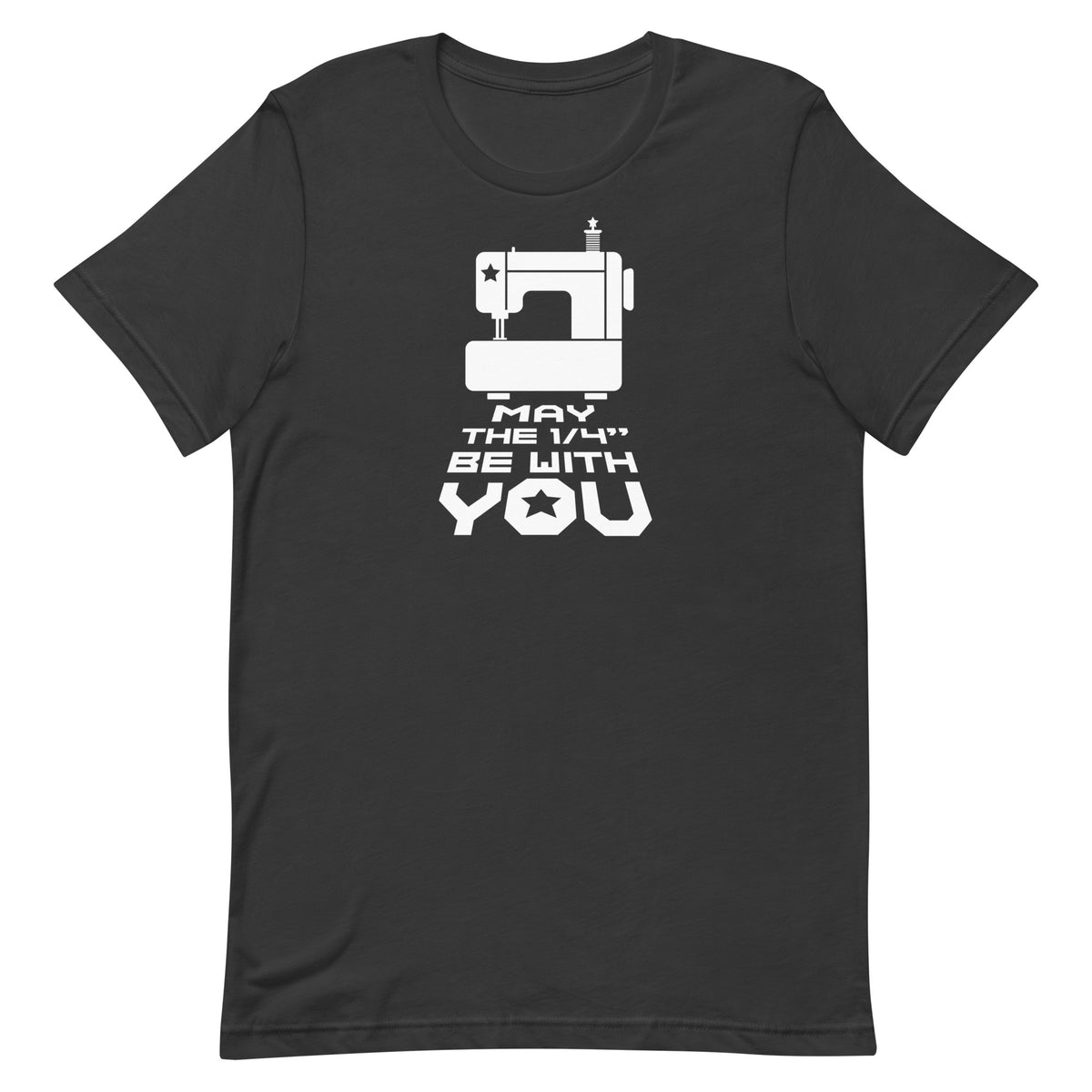 May the ¼" Be With You white sewing machine graphic on a staple t-shirt in dark grey, front view – Kate Spain design for Pat Sloan