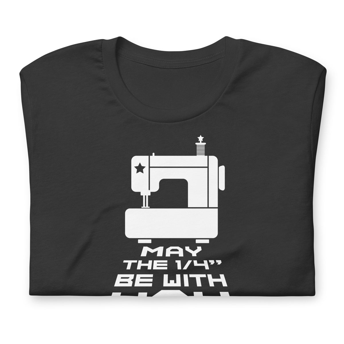 May the ¼" Be With You white sewing machine graphic on a staple t-shirt in dark grey, folded close-up of the design – Kate Spain design for Pat Sloan
