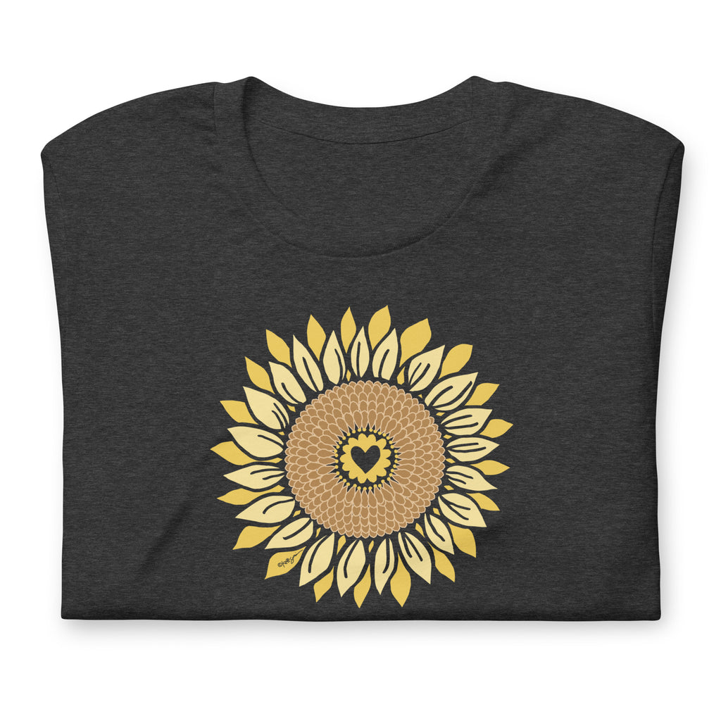 Golden sunflower with a heart center on a crewneck t-shirt in dark grey heather, folded close-up of the design – Sunflowers in My Heart by Kate Spain