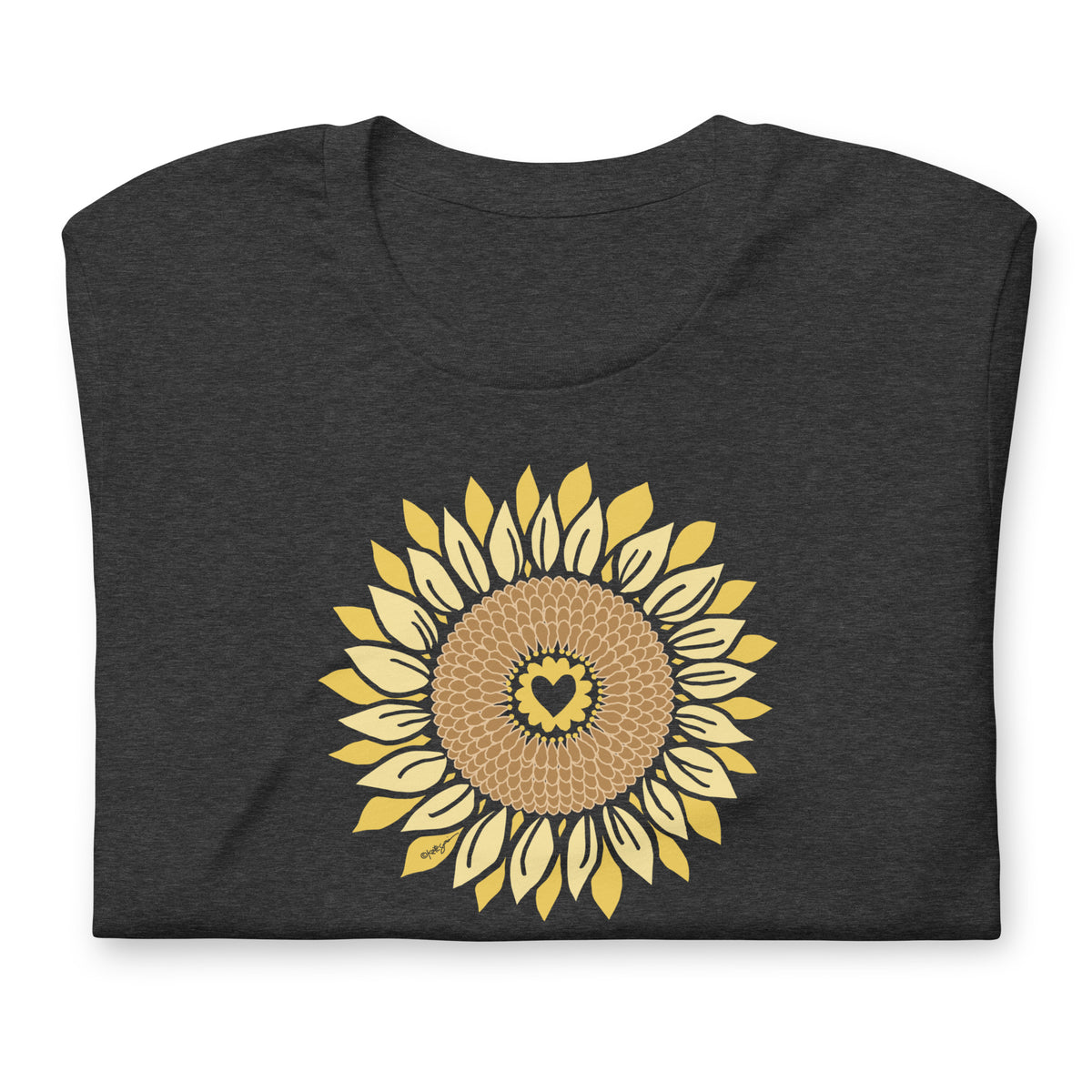 Golden sunflower with a heart center on a crewneck t-shirt in dark grey heather, folded close-up of the design – Sunflowers in My Heart by Kate Spain