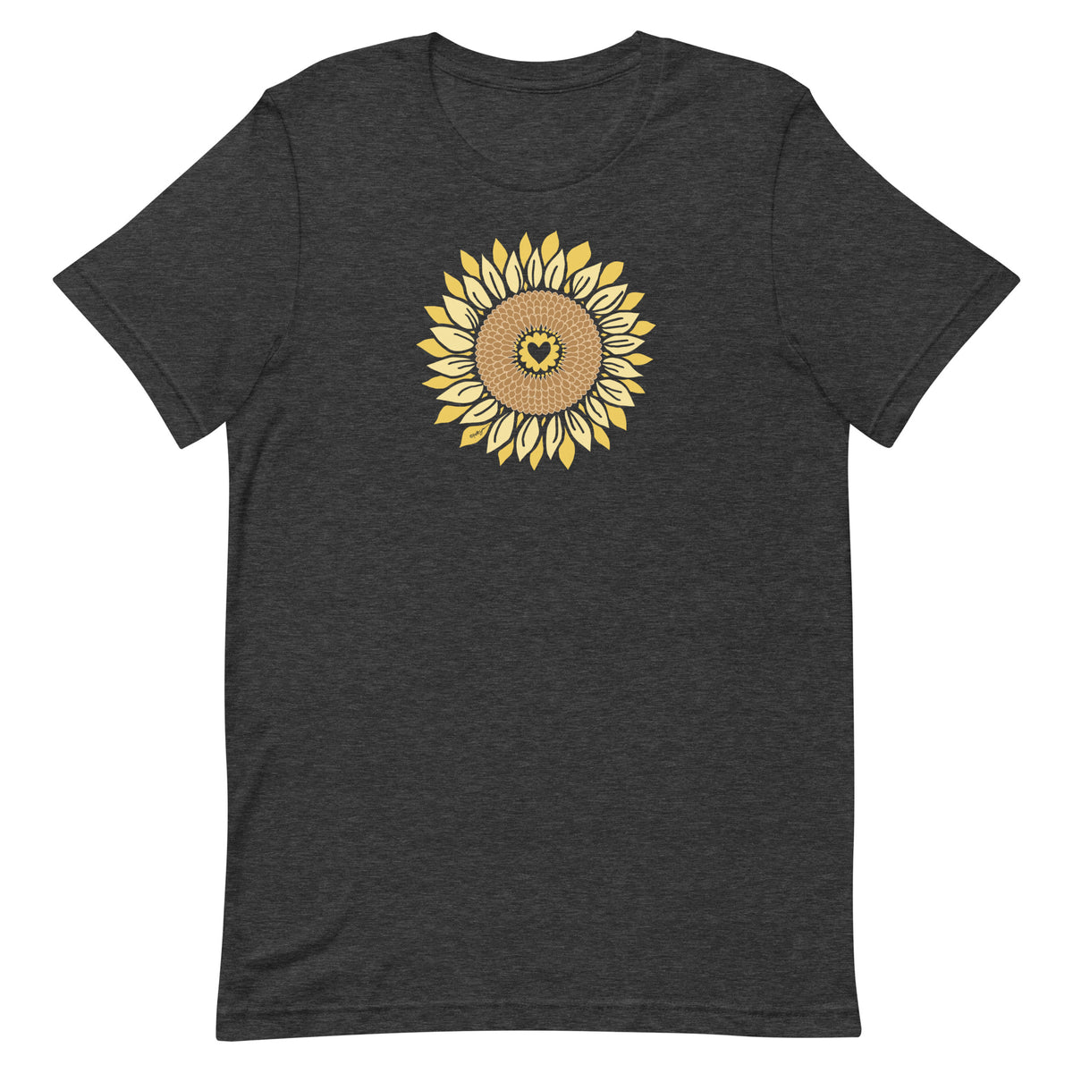 Golden sunflower with a heart center on a crewneck t-shirt in dark grey heather, front view – Sunflowers in My Heart by Kate Spain