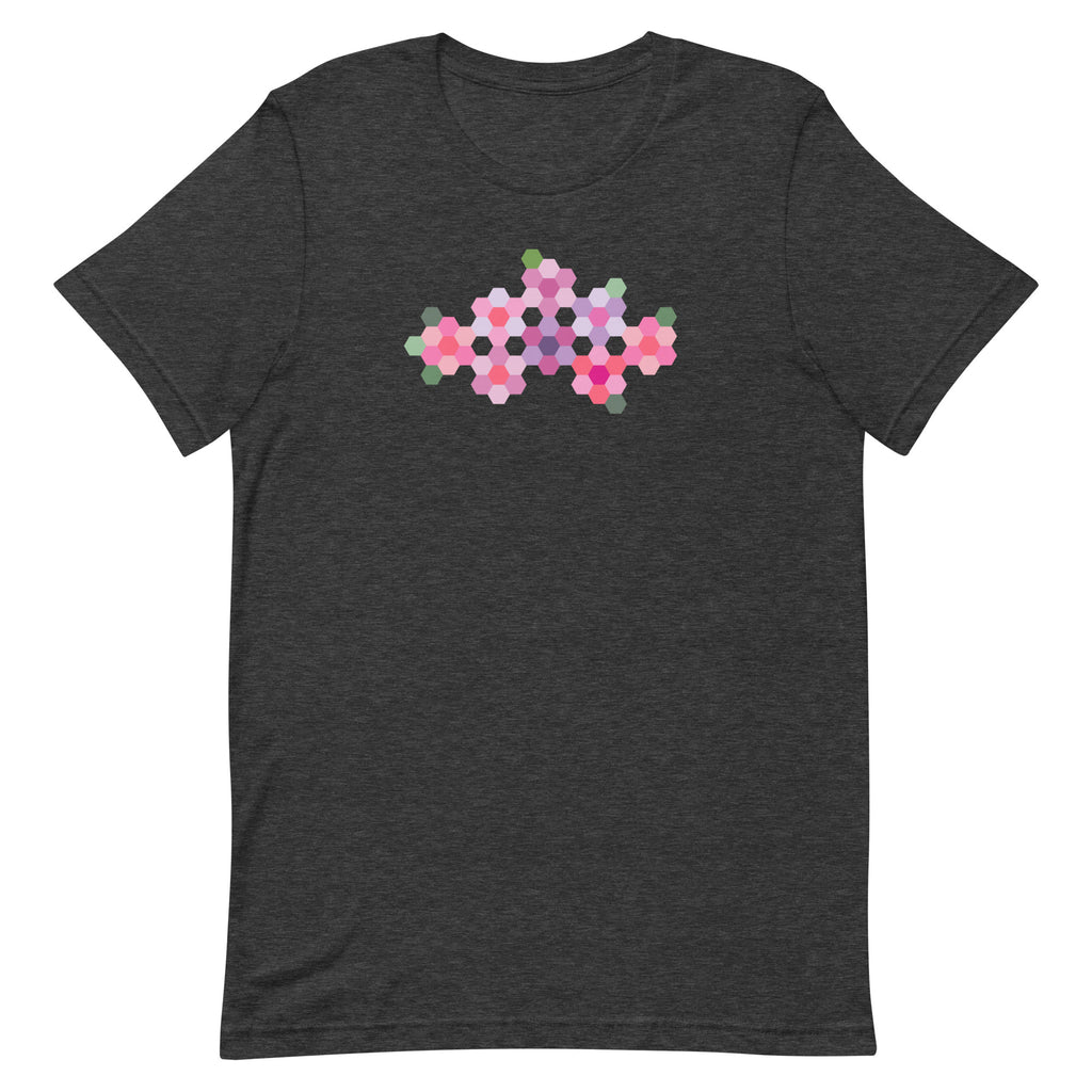 Pink GeoFlora hexagon flowers in pinks, mauves and sage on a t-shirt in dark grey heather, front view – Kate Spain design for Pat Sloan