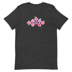 Pink GeoFlora hexagon flowers in pinks, mauves and sage on a t-shirt in dark grey heather, front view – Kate Spain design for Pat Sloan