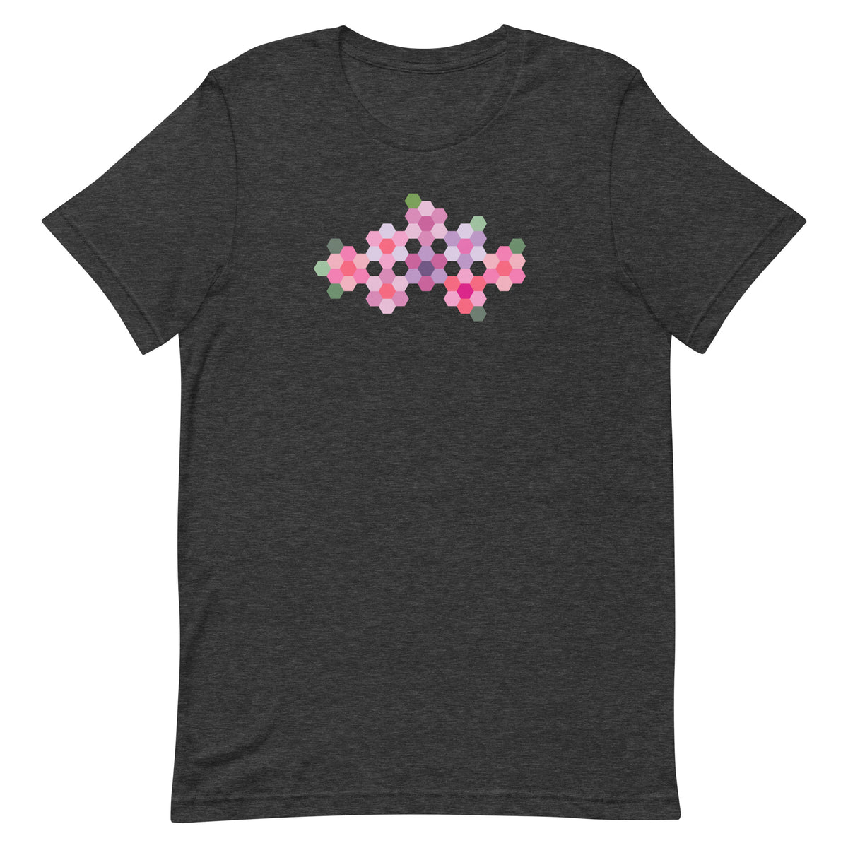 Pink GeoFlora hexagon flowers in pinks, mauves and sage on a t-shirt in dark grey heather, front view – Kate Spain design for Pat Sloan
