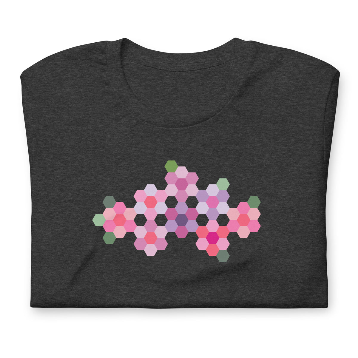 Pink GeoFlora hexagon flowers in pinks, mauves and sage on a t-shirt in dark grey heather, folded close-up of the design – Kate Spain design for Pat Sloan