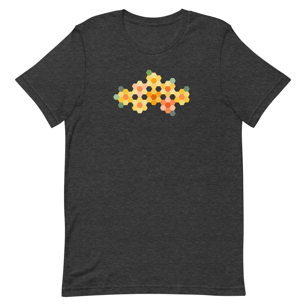 Yellow GeoFlora hexagon flowers in golden yellow, orange, coral and sage on a t-shirt in dark grey heather, front view – Kate Spain design for Pat Sloan