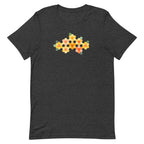 Yellow GeoFlora hexagon flowers in golden yellow, orange, coral and sage on a t-shirt in dark grey heather, front view – Kate Spain design for Pat Sloan