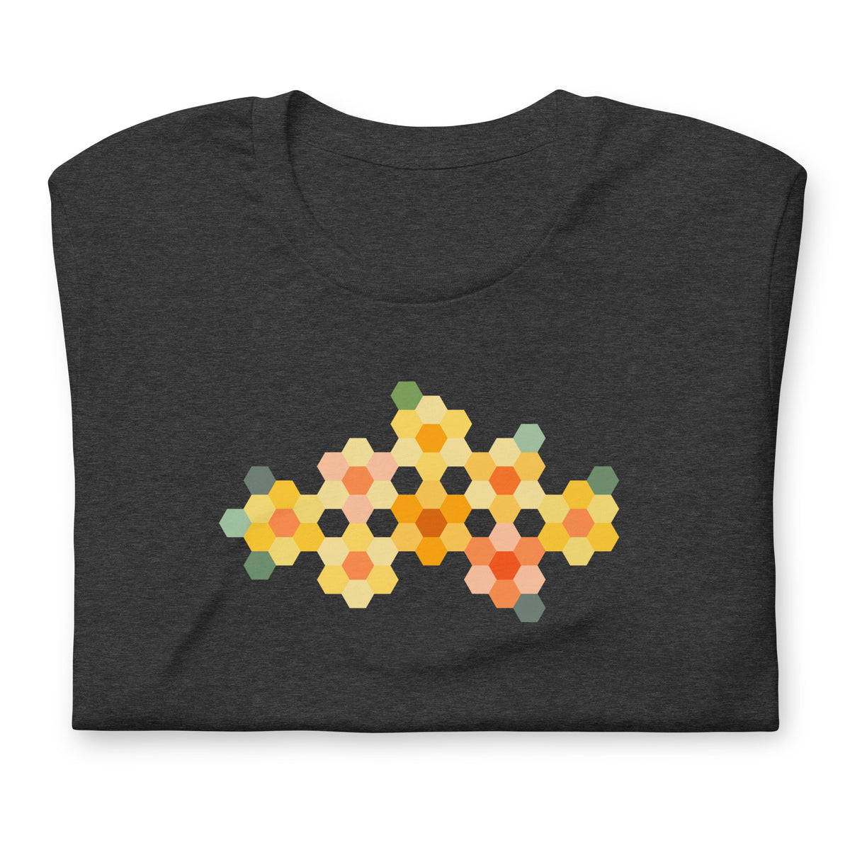 Yellow GeoFlora hexagon flowers in golden yellow, orange, coral and sage on a t-shirt in dark grey heather, folded close-up of the design – Kate Spain design for Pat Sloan