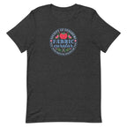 Fabric Curator Society of Stashers badge with a tomato pincushion on a t-shirt in dark grey heather, front view – Kate Spain design for Pat Sloan