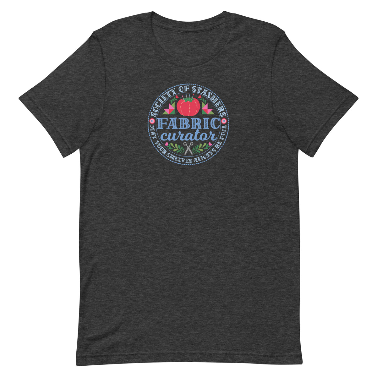 Fabric Curator Society of Stashers badge with a tomato pincushion on a t-shirt in dark grey heather, front view – Kate Spain design for Pat Sloan