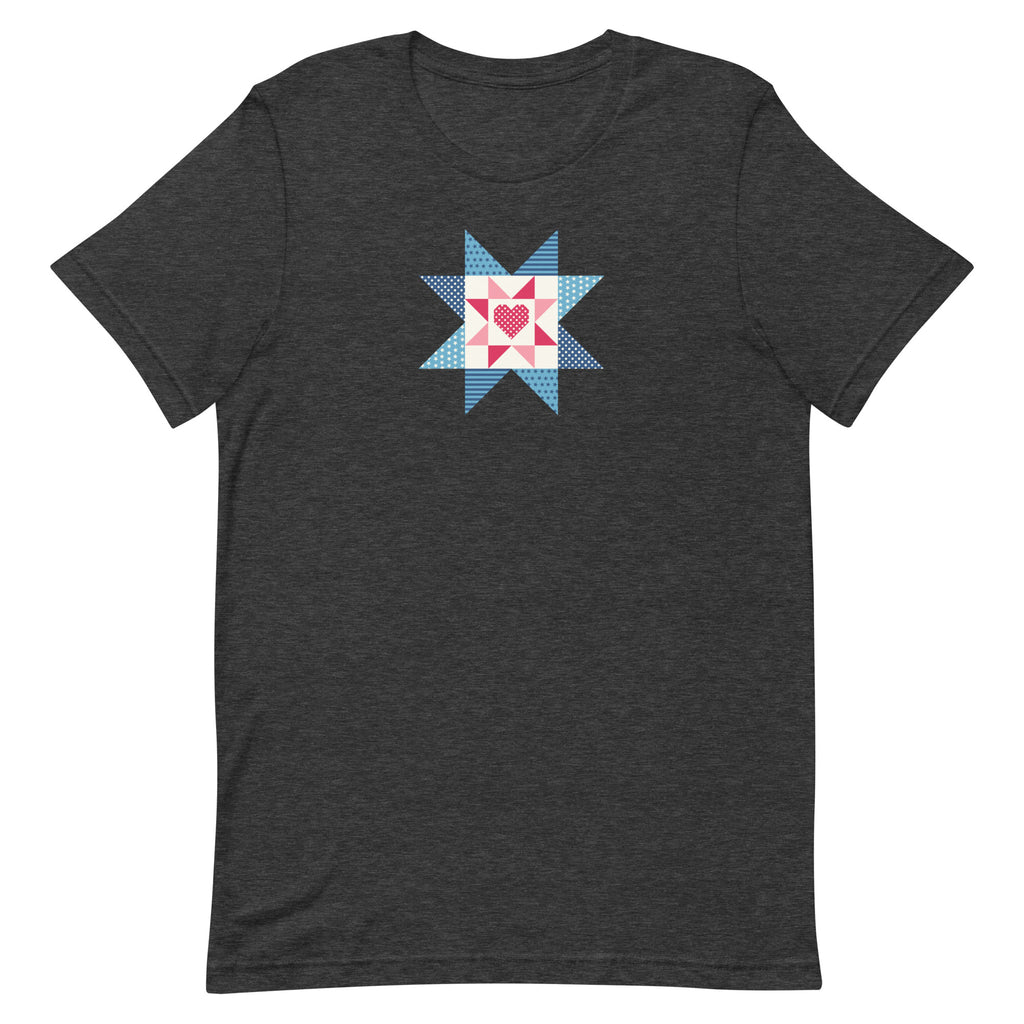 Liberty Love star quilt block with a heart in red, white and blue on a t-shirt in dark grey heather, front view – Kate Spain design for Pat Sloan