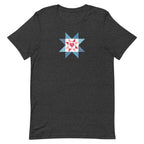 Liberty Love star quilt block with a heart in red, white and blue on a t-shirt in dark grey heather, front view – Kate Spain design for Pat Sloan