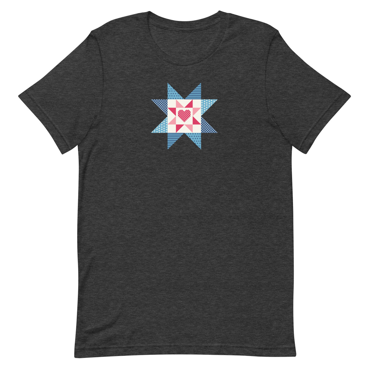 Liberty Love star quilt block with a heart in red, white and blue on a t-shirt in dark grey heather, front view – Kate Spain design for Pat Sloan