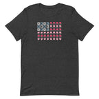 United We Quilt patchwork flag with quilt-block stars and heart stripes on a t-shirt in dark grey heather, front view – Kate Spain design for Pat Sloan