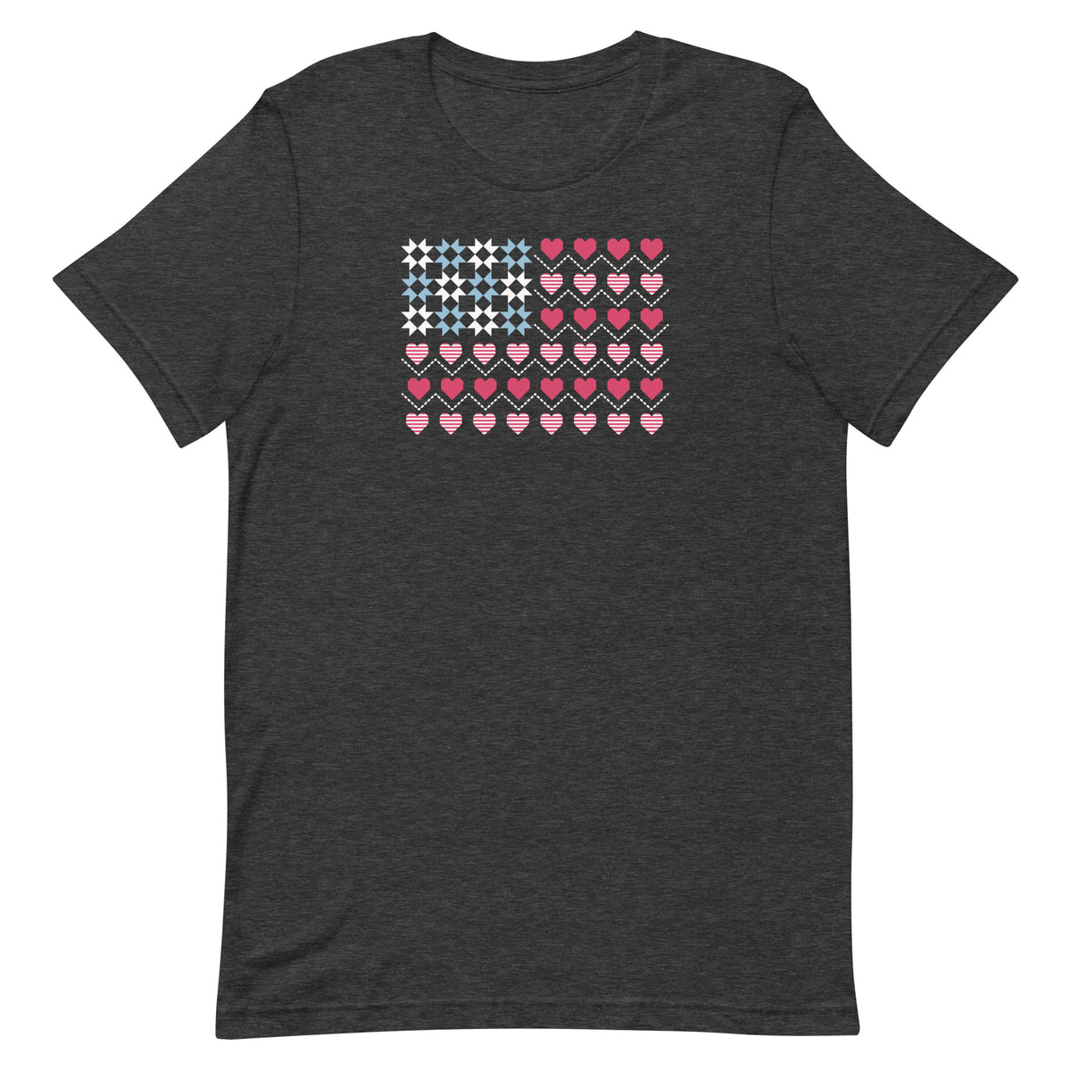 United We Quilt patchwork flag with quilt-block stars and heart stripes on a t-shirt in dark grey heather, front view – Kate Spain design for Pat Sloan