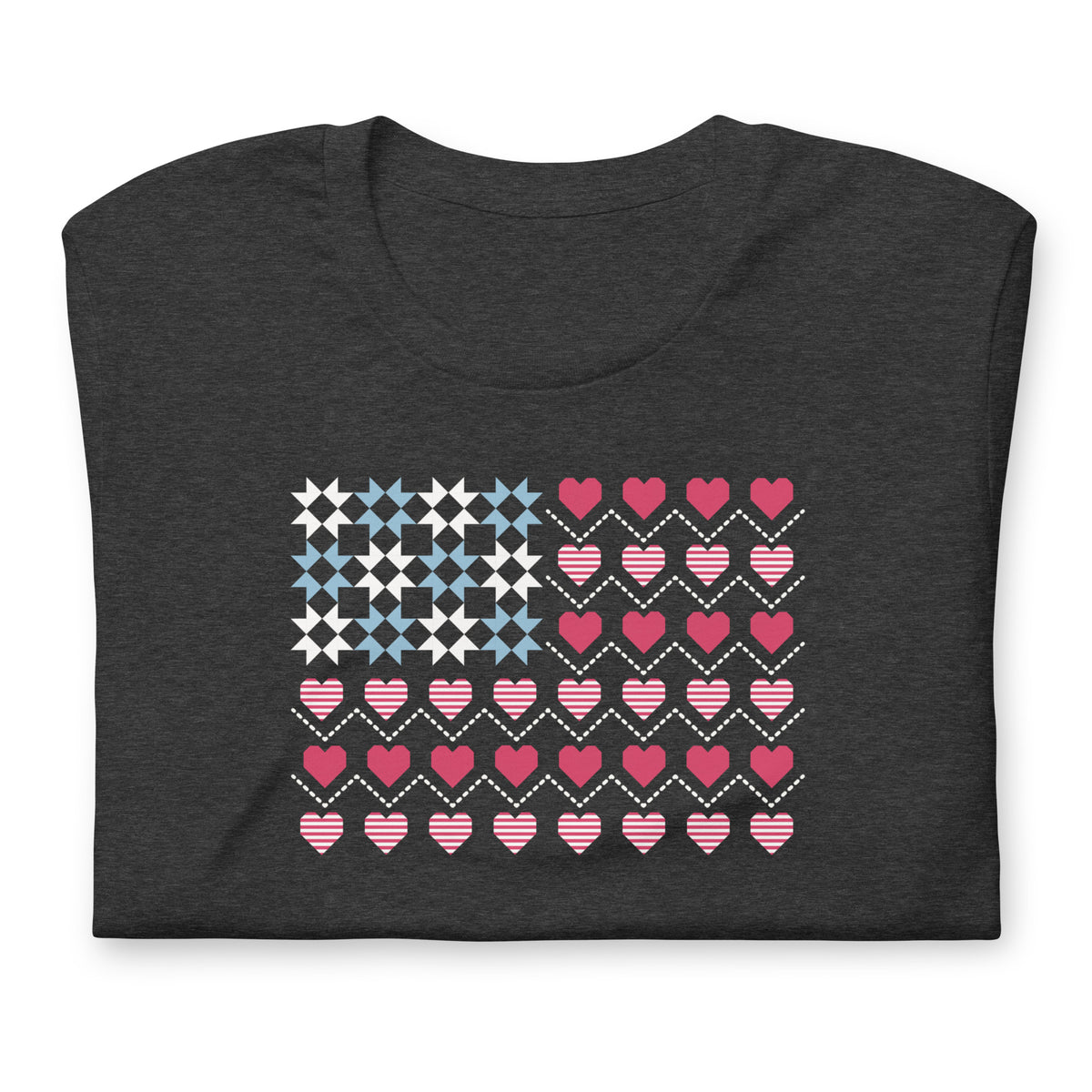United We Quilt patchwork flag with quilt-block stars and heart stripes on a t-shirt in dark grey heather, folded close-up of the design – Kate Spain design for Pat Sloan