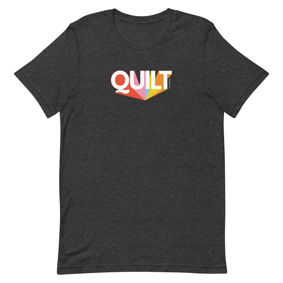 Moda QUILT logo with orange, pink, blue and yellow rays on a staple t-shirt in dark grey heather, front view – Kate Spain design
