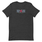 Firecracker quilt-block stars with script lettering in red, white and blue on a t-shirt in dark grey heather, front view – Kate Spain design for Pat Sloan