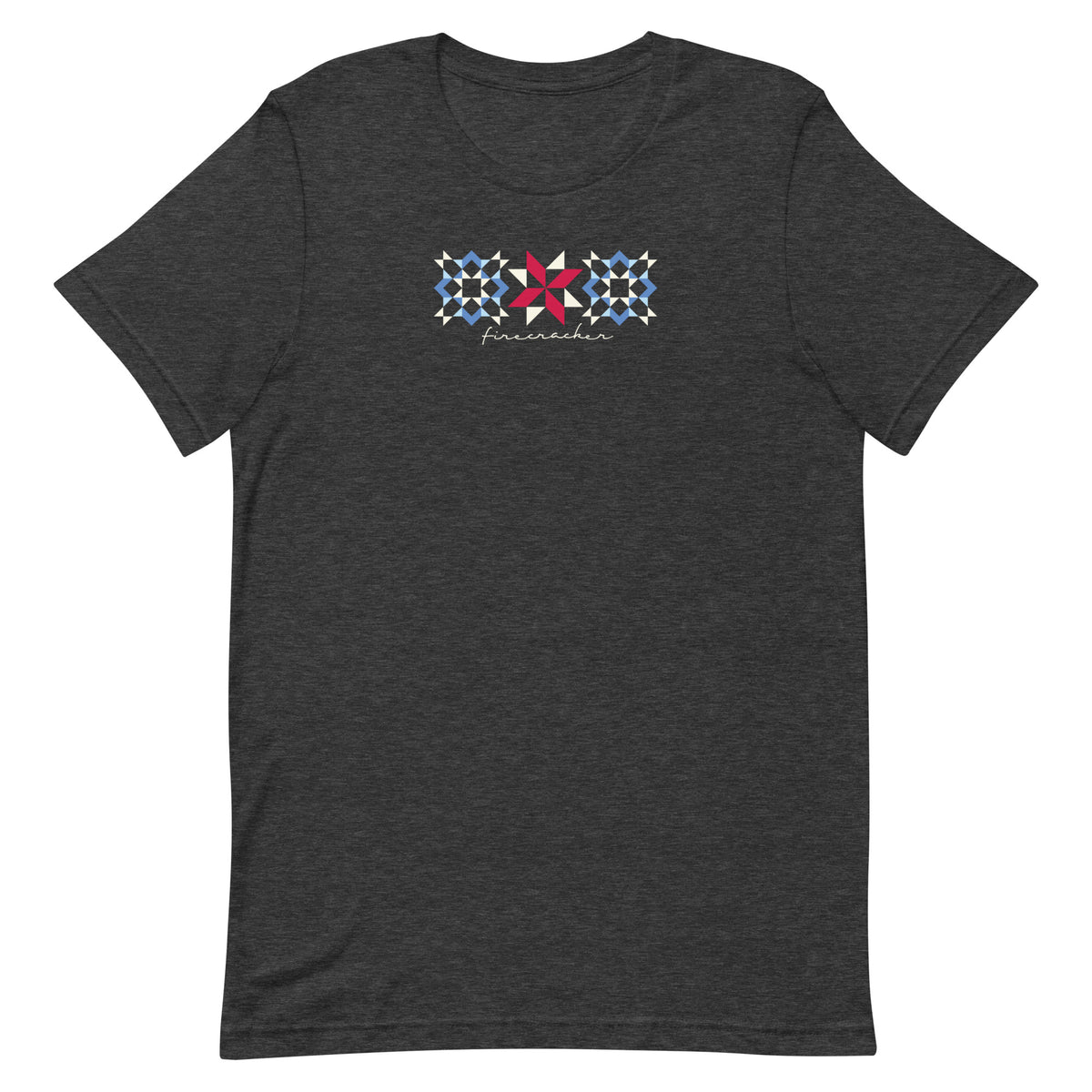 Firecracker quilt-block stars with script lettering in red, white and blue on a t-shirt in dark grey heather, front view – Kate Spain design for Pat Sloan