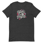 Work in Progress sewing design with flying geese, sewing machine, strawberry and thread spool on a t-shirt in dark grey heather, front view – Kate Spain design for Pat Sloan