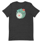 Dragonfly over water lilies and lily pads on a t-shirt in dark grey heather, front view – Kate Spain design