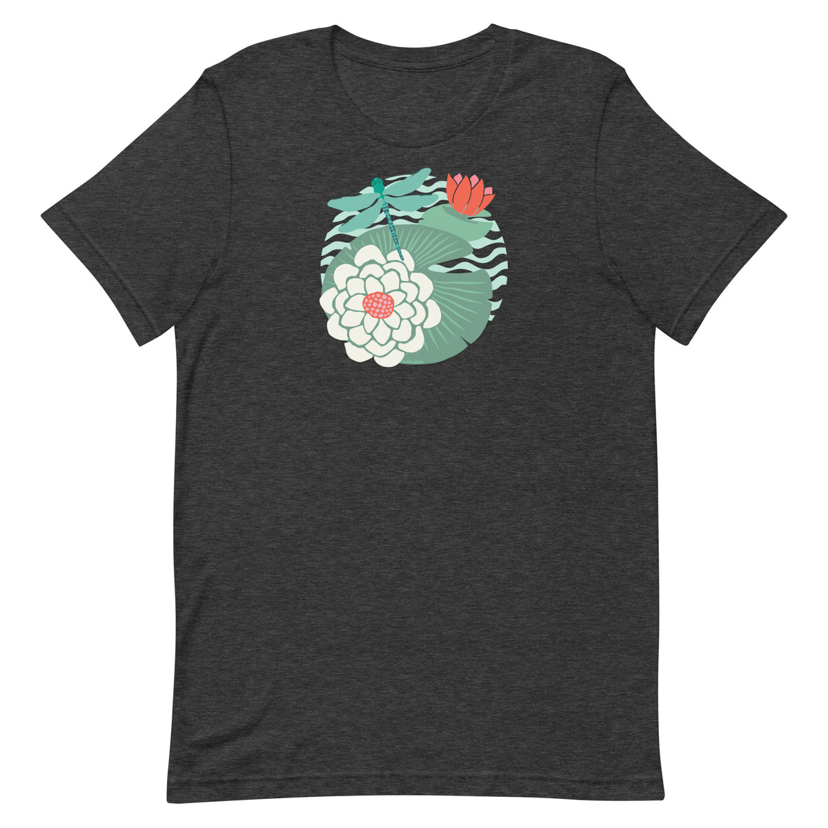 Dragonfly over water lilies and lily pads on a t-shirt in dark grey heather, front view – Kate Spain design