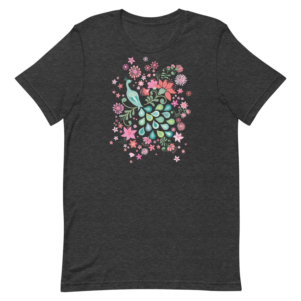 Peacock Flowers design, a peacock among coral, pink, mint and teal blooms on a t-shirt in dark grey heather, front view – Kate Spain design