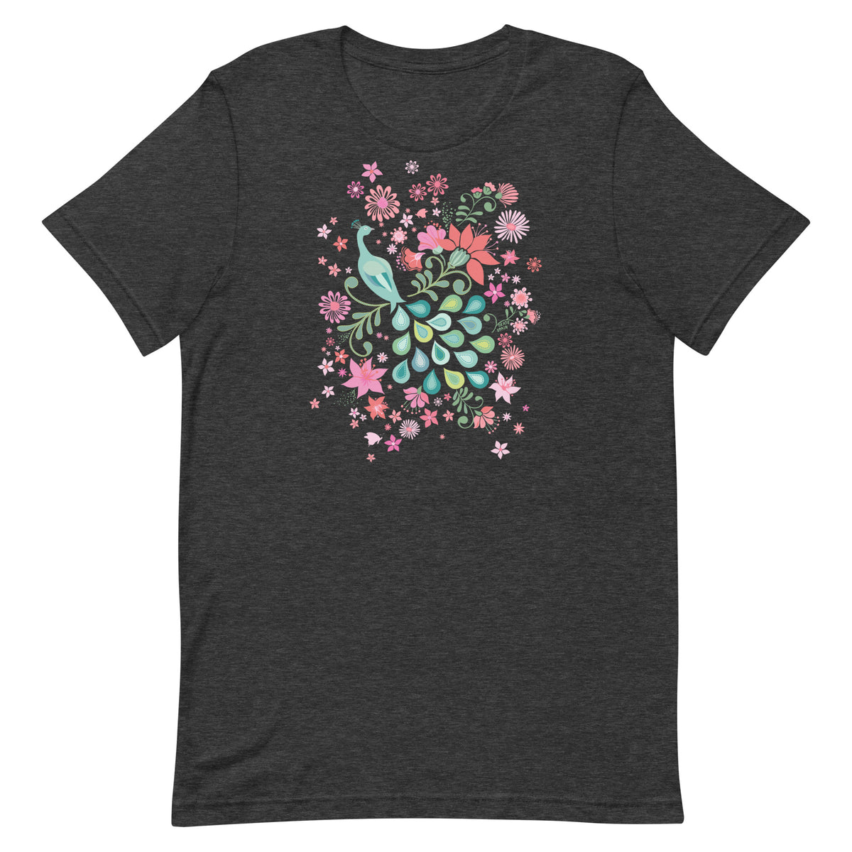 Peacock Flowers design, a peacock among coral, pink, mint and teal blooms on a t-shirt in dark grey heather, front view – Kate Spain design