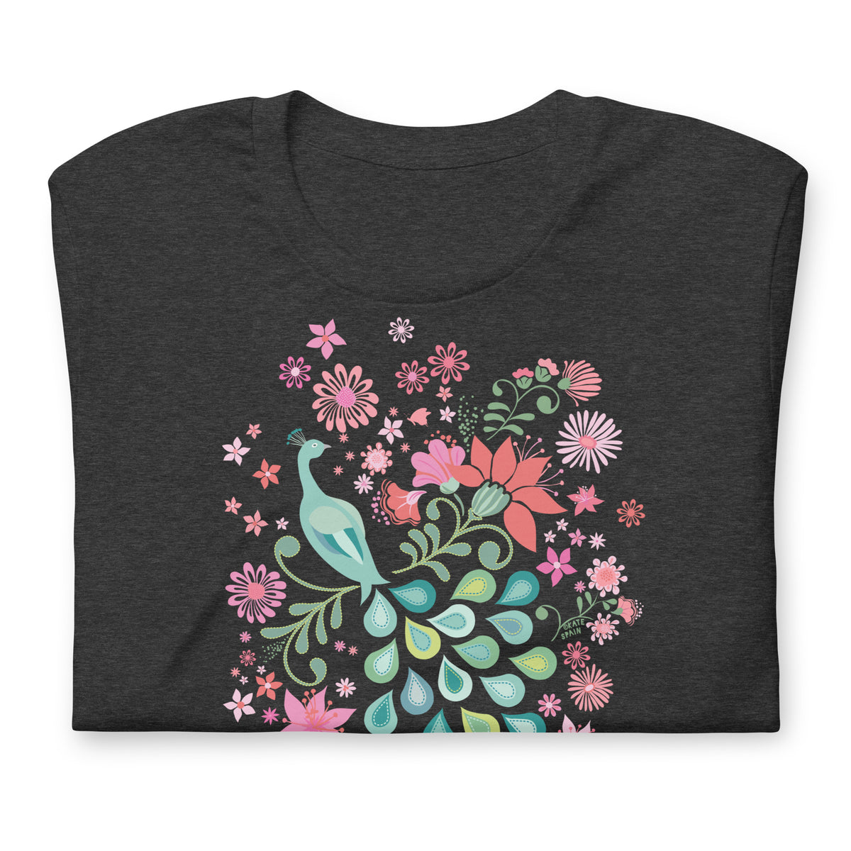 Peacock Flowers design, a peacock among coral, pink, mint and teal blooms on a t-shirt in dark grey heather, folded close-up of the design – Kate Spain design