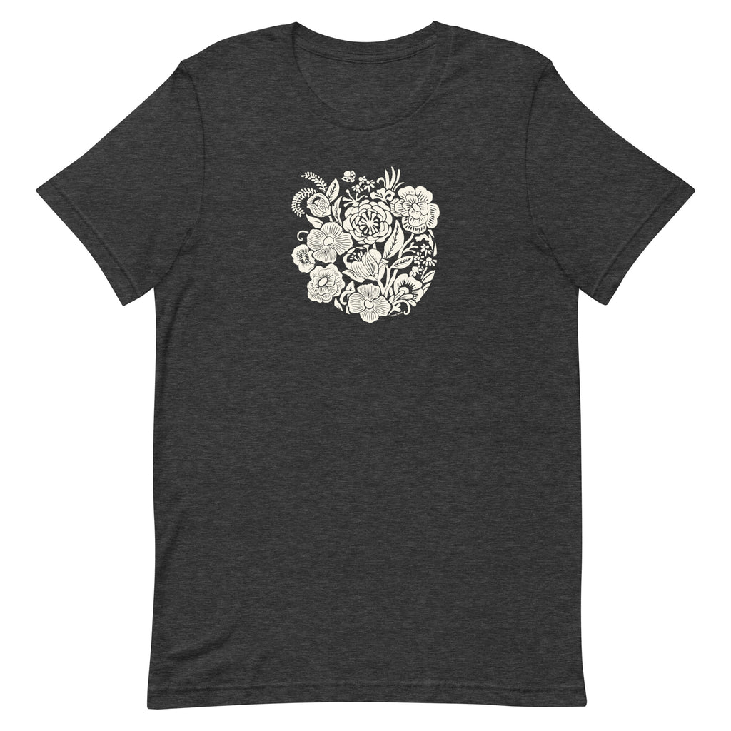 Meadowsweet woodblock-style bouquet of wildflowers on a t-shirt in dark grey heather, front view – Kate Spain design