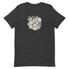 Meadowsweet woodblock-style bouquet of wildflowers on a t-shirt in dark grey heather, front view – Kate Spain design