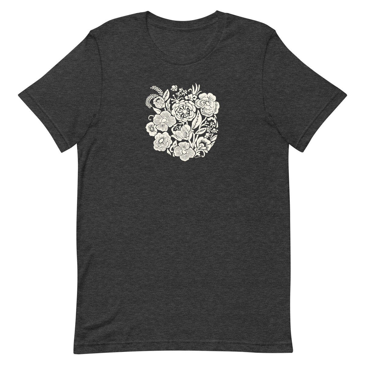 Meadowsweet woodblock-style bouquet of wildflowers on a t-shirt in dark grey heather, front view – Kate Spain design