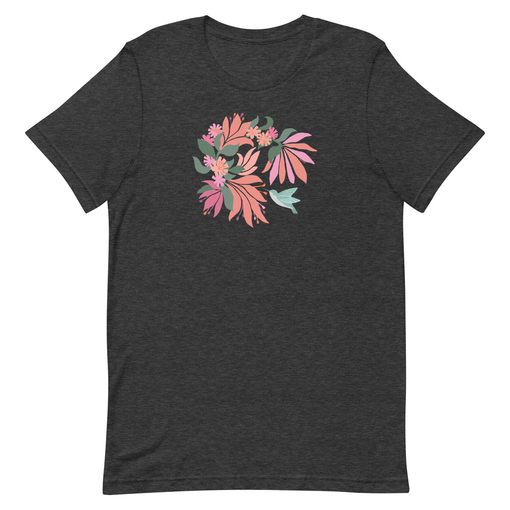 Hummingbird among coral tropical flowers on a t-shirt in dark grey heather, front view – Kate Spain design
