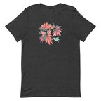 Hummingbird among coral tropical flowers on a t-shirt in dark grey heather, front view – Kate Spain design