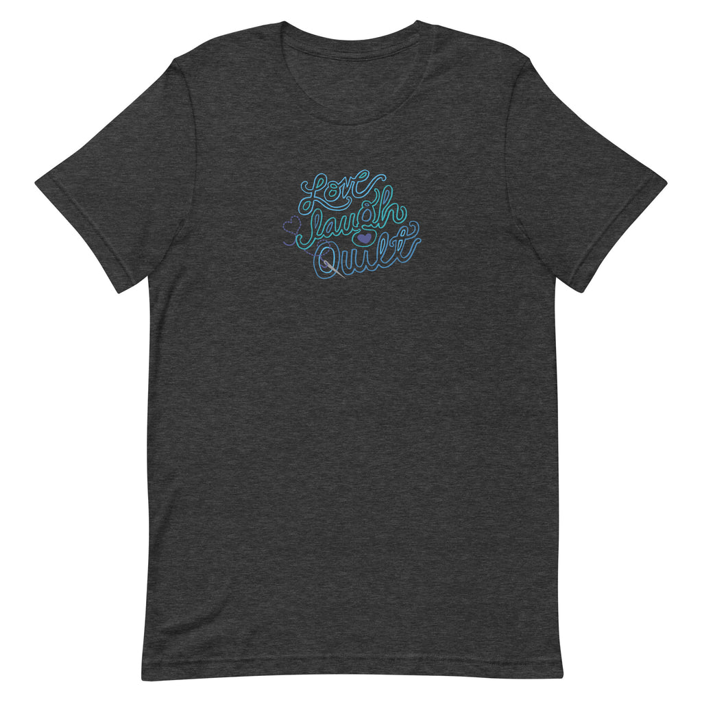 Love Laugh Quilt hand-lettered quilting design on a t-shirt in dark grey heather, front view – Kate Spain design