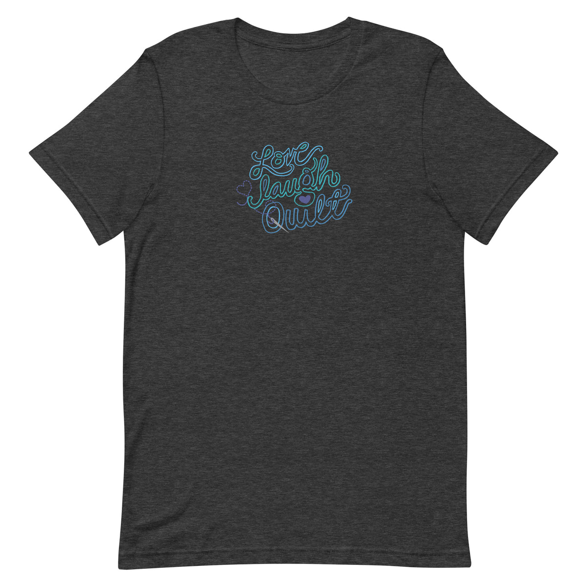 Love Laugh Quilt hand-lettered quilting design on a t-shirt in dark grey heather, front view – Kate Spain design