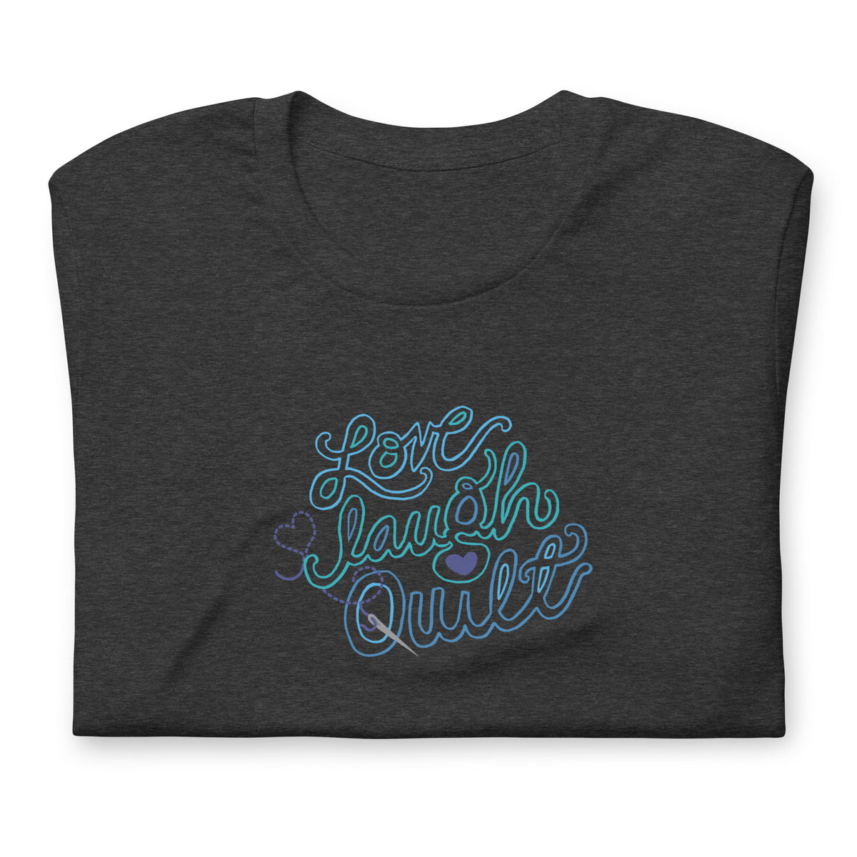 Love Laugh Quilt hand-lettered quilting design on a t-shirt in dark grey heather, folded close-up of the design – Kate Spain design
