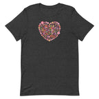 Be You floral heart of inspirational words on a staple t-shirt in dark grey heather, front view – Kate Spain design