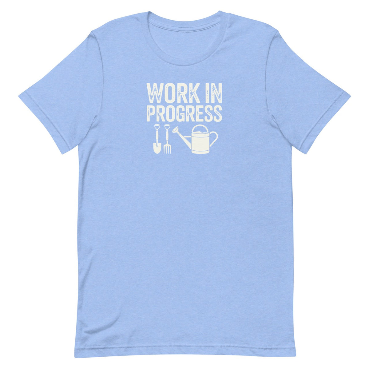 Garden Work in Progress distressed lettering with a shovel, pitchfork and watering can on a t-shirt in heather Carolina blue, front view – Kate Spain design