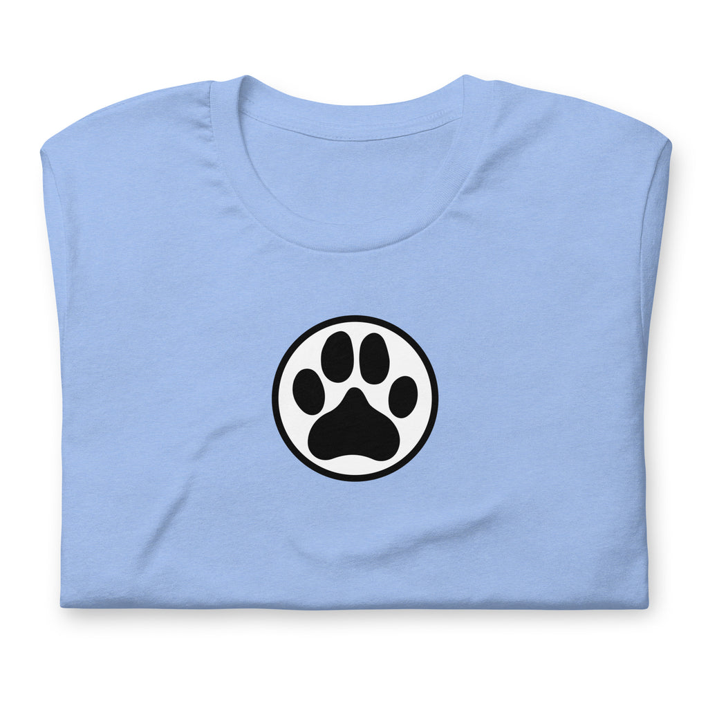 Law of the Paw® dog paw print on a t-shirt in heather Carolina blue, folded close-up of the design – Kate Spain design