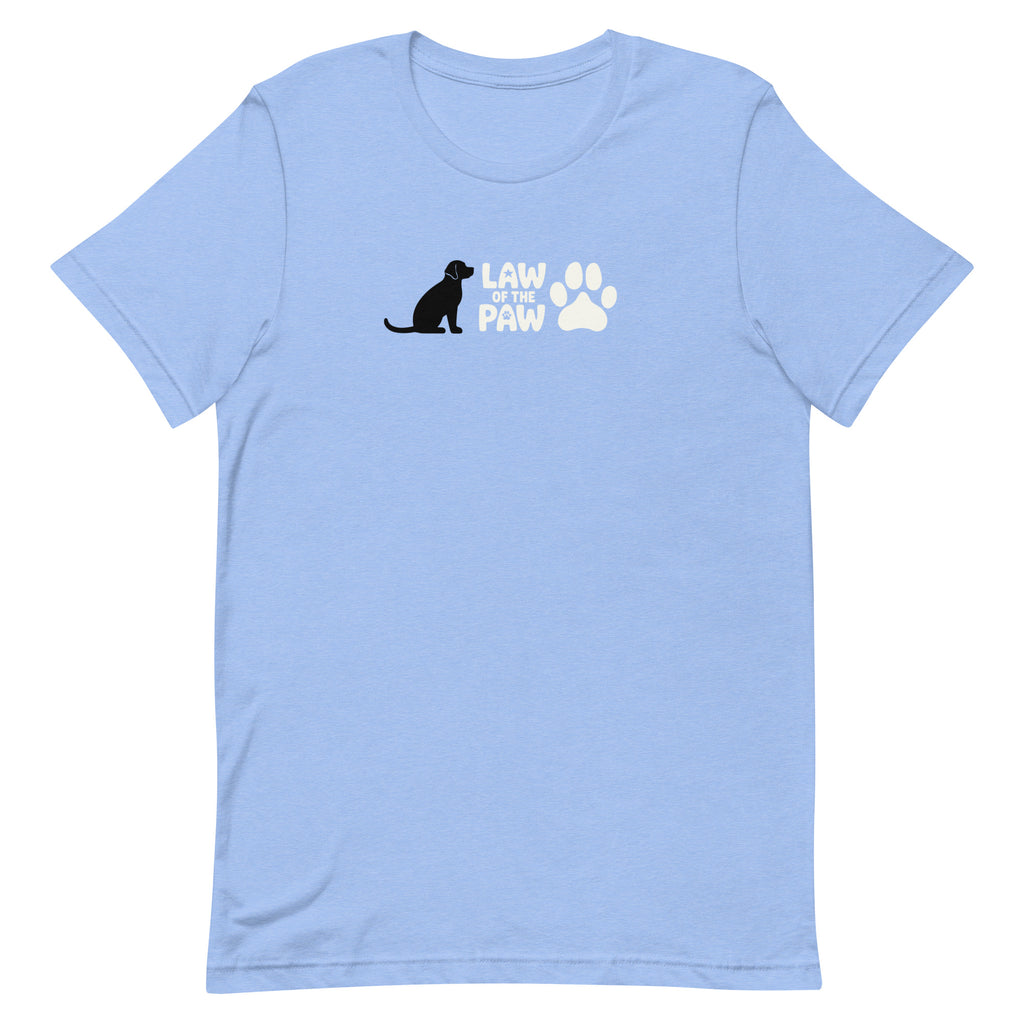 Law of the Paw® logo with seated dog and paw print on a t-shirt in heather Carolina blue, front view – Kate Spain design