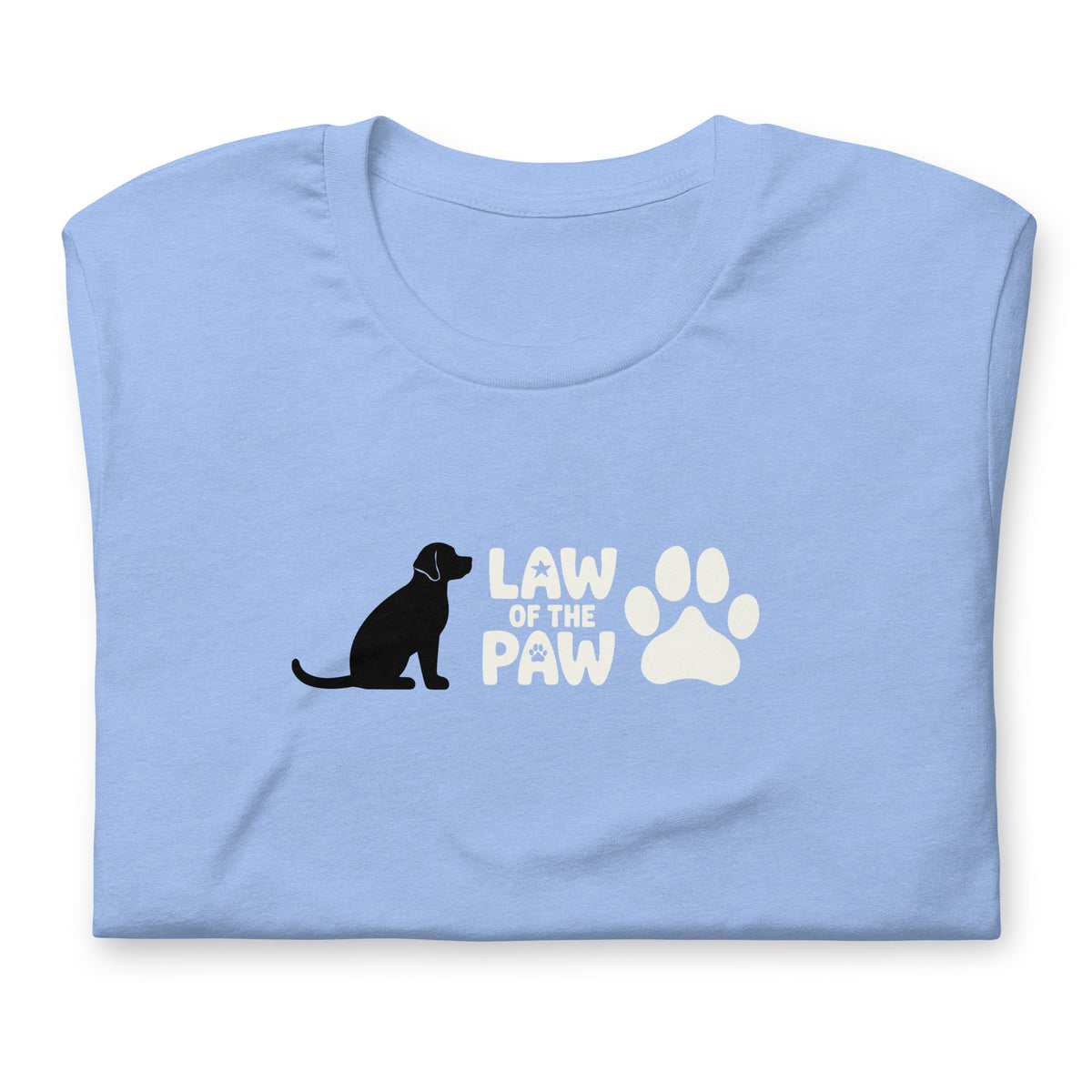 Law of the Paw® logo with seated dog and paw print on a t-shirt in heather Carolina blue, folded close-up of the design – Kate Spain design