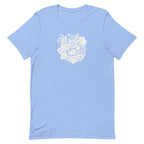 Meadowsweet woodblock-style bouquet of wildflowers on a t-shirt in heather Carolina blue, front view – Kate Spain design